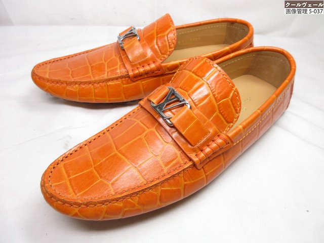 未当てはめる 【ルイヴィトン LOUISVUITTON】 FA1128 ドライビングシューズ クロコダイル片厚かましさ LV金具付き添い人(メンズ)size6.5 オレンジ色 ★37MZB0373【中古】