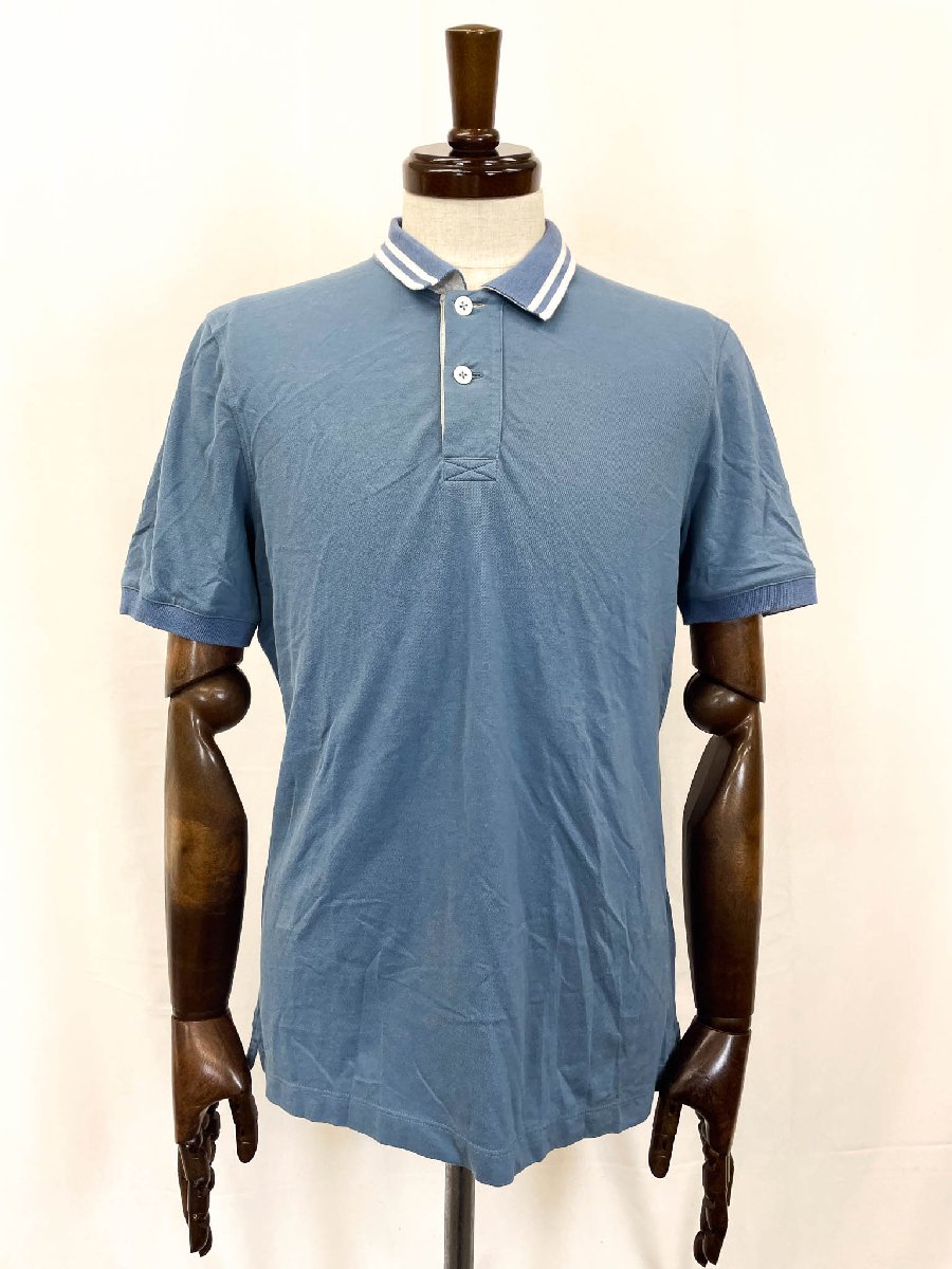 超美品【BRUNELLO CUCINELLI ブルネロクチネリ】 SLIM FIT 鹿の子出どころ 半袖スポーツシャツ (メンズ) sizeM 水色×白 イタリア製 ★33MTB0141【中古】