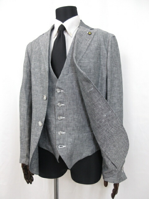 女の子向けプレゼント集結 メンズファッション コート ジャケット Giannetto ジャンネット 超美品 リネン100 7mj4332 中古 伊製 織柄 ライトグレー Size50 メンズ シングル2ボタンジャケット ベスト付 Pascasarjana Unsrat Ac Id