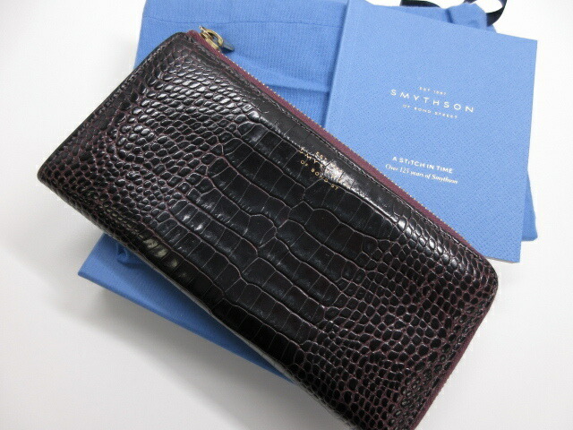 超美品 L字ジップ長財布 クロコダイル型押し スマイソン Smythson L字ジップ長財布 バーガンディ系 スマイソン クロコダイル型押し メンズ レディース メンズ レディース 超美品 Smythson クロコダイル型押し L字ジップ長財布 メンズ レディース