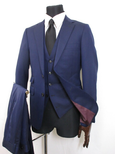 極美品 Fabric Tokyo ファブリックトウキョウ シングル2ボタン 3ピーススーツ メンズ 青みのあるネイビー ヘリンボーン 7ms9323 中古 Mozago Com