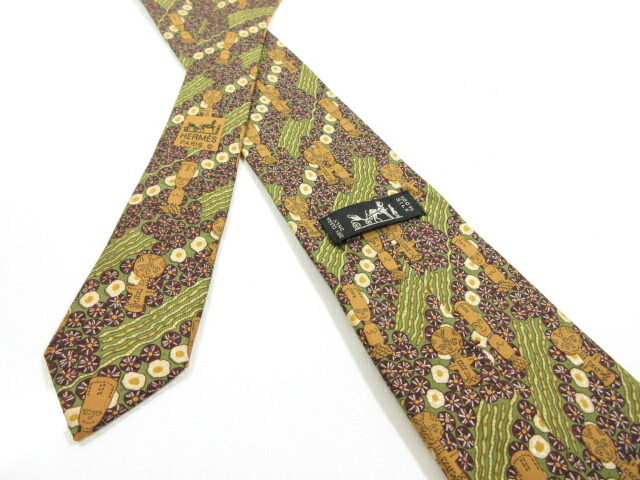 超美品 エルメス Hermes めんこい刷り上げる稟賦 帛タイ メンズ 茶 カーキ系 フランス共和国製 5mm93 中古 超美品 エルメス Hermes かわいいプリント柄 シルクネクタイ メンズ ブラウン カーキ系 フランス製 Damienrice Com