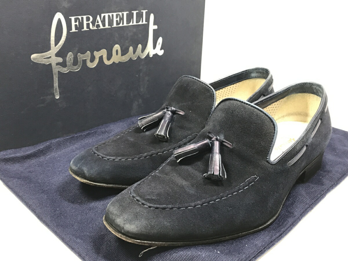 美品 Ferrante フェランテ スエードレザー タッセルローファー スリッポン 紳士靴 メンズ Size7 5 ネイビー 紺 8mz1368 中古 Psicologosancora Es
