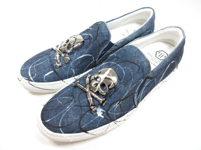 超ビューティ気品 フィリッププレイン スカル平板付け人 デニムスリッポン シューズ メンズ Size42 5 インディゴブルー配列 18mz2141 中古 Blackfishmarine Com