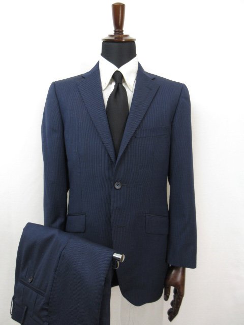 極美品 オーダー品 カノニコ生地 Super110 S 2ボタン ストライプ織柄 スーツ メンズ ネイビー系 10rms2192 トレンド