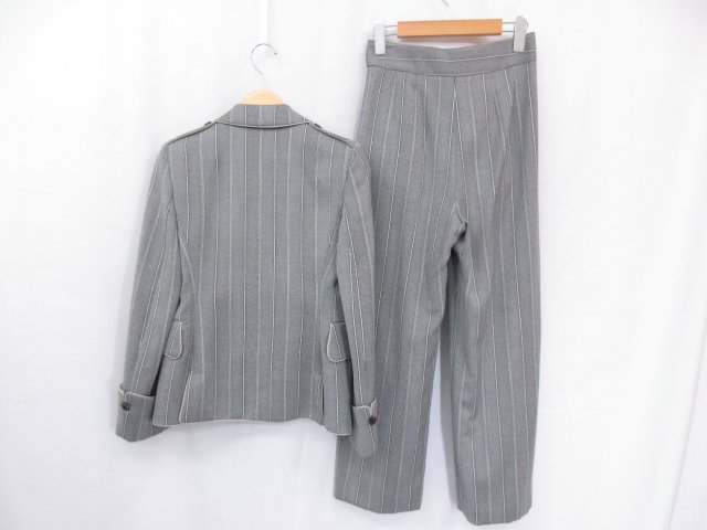 超美品【ジョルジオアルマーニ】最高級黒ラベルストライプ織柄スーツセットアップ(レディース)36グレー系伊製★17HR1806★【中古】