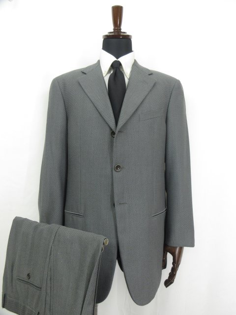 美品 シングル3ボタン 段返り 織柄 スーツ (メンズ) size50 グレー系 伊製★10RMS2564