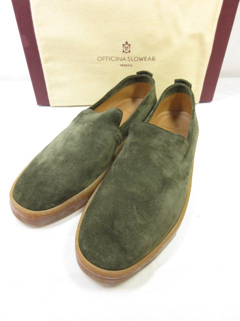 定価44.000円 未使用【OFFICINA SLOWEAR スローウエア】 130192 SW447 740 スエード スリッポン 靴 (メンズ) 42 ダークオリーブ◯30SLZ077 【中古】|クール・ヴェール 店