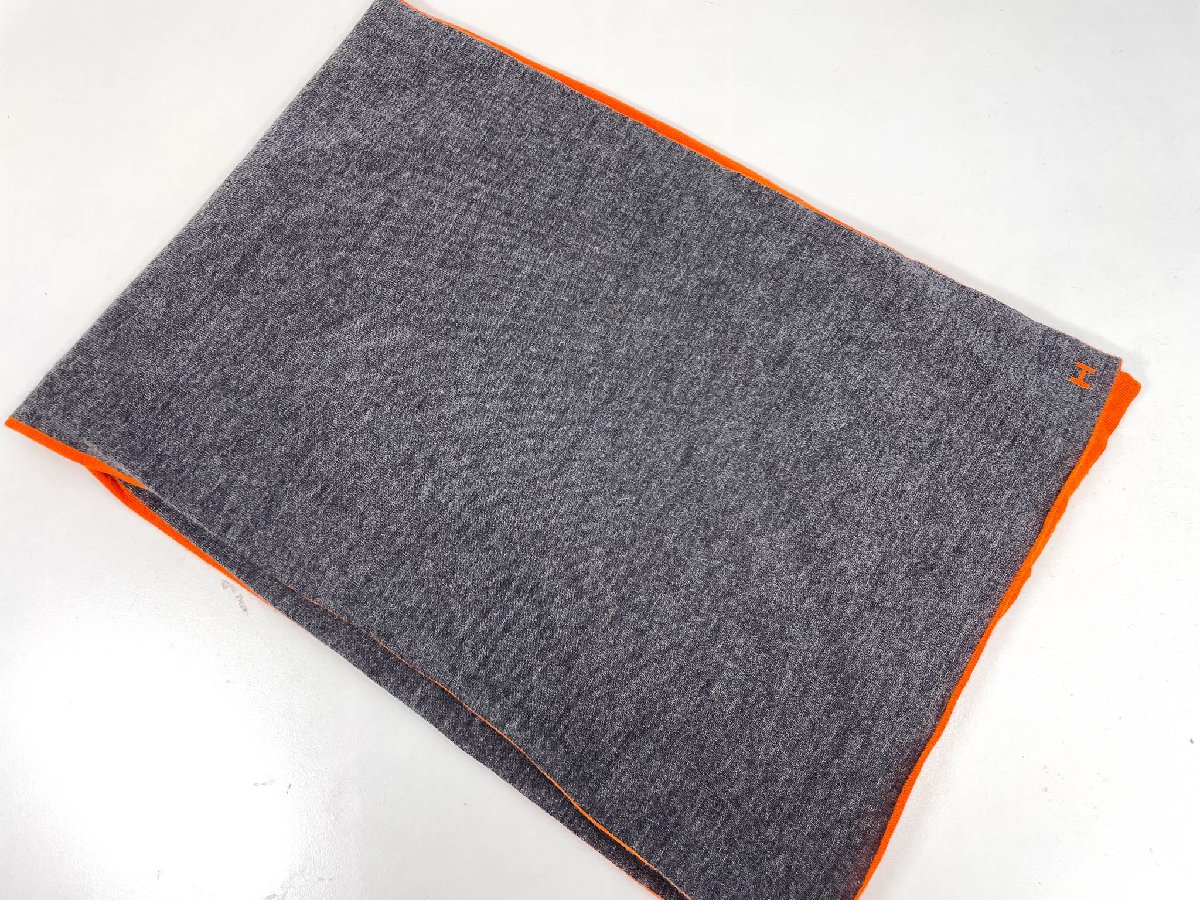 超美品【エルメス HERMES】カシミヤ×シルク アレルトゥール リバーシブルマフラー ストール (メンズ) オレンジ×灰 フランス製 ★33ME8366 【中古】