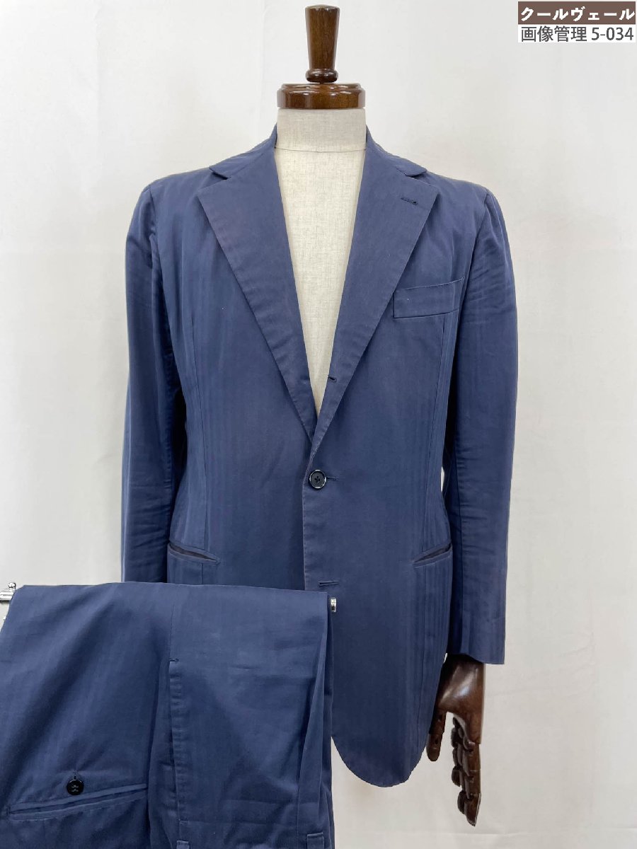 【サルトリアソリートナポリ Sartoria Solito NAPOLI】綿織物出どころ 3B段返り ビスポークスーツ(メンズ)46好いかげんに 紺 縞模様織 35RMS4042 【中古】