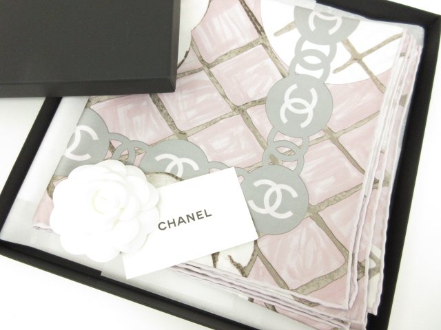 極美品【シャネル CHANEL】絹地 100%  大判 ココマーク カメリア えり巻き（レディーズ） サクラ色系★4LEB0017★【中古】