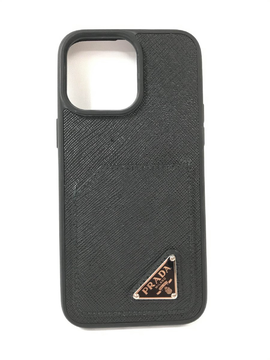 極美品【プラダ PRADA】iPhone 14ProMax 容れもの ロゴタイプお皿付き添い人 サフィアーノレザー 黒いこと 1ZH165_QHH_F0002 ★4LEB0013★【中古】