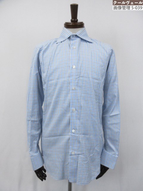 【飛球 FRAY】 綿織物100％  広広とした色つや 長袖プルオーバー (メンズ) size15/38 点火装置青碧系 照合のしるし柄 1111-343-0167 伊製 ★33MKB0063 【中古】