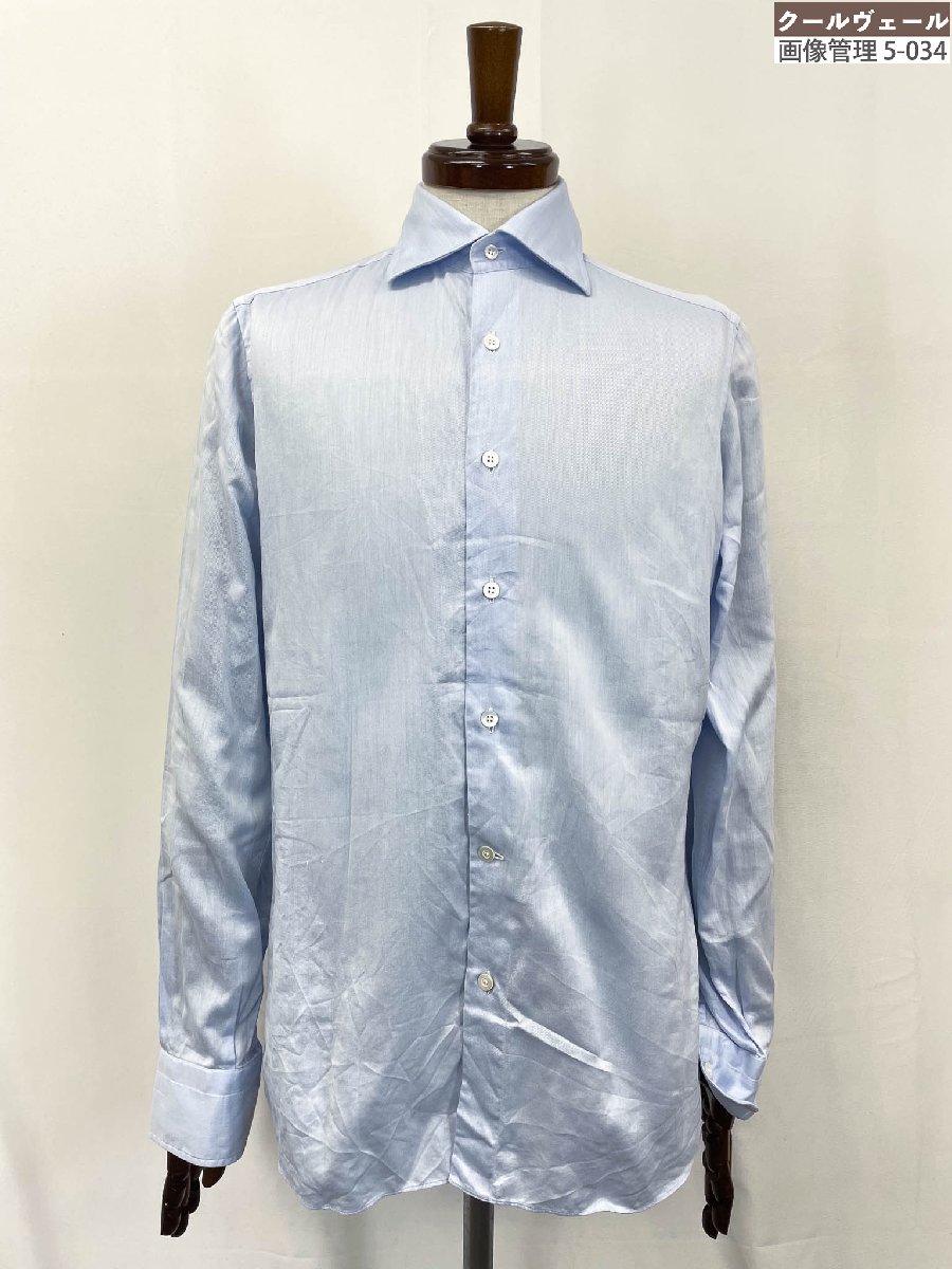 美品【FRAY 飛球】 広広とした色つや 長袖プルオーバー (メンズ) size15/38 点火装置青碧系 自然的な織柄 イタリア製 ★33MKB0151★ 【中古】