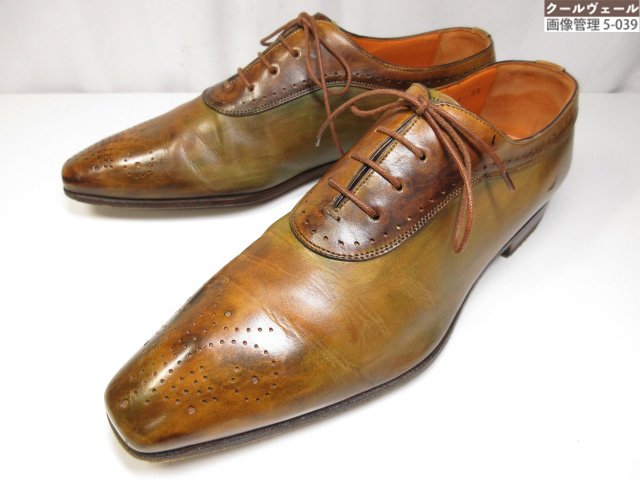 【サントーニ SANTONI】 外鳥毛なめし革シューズ メダリオン パティーヌ系 (メンズ) size5.5 カーキ～赤銅色系 ★37MZB0438★ 【中古】