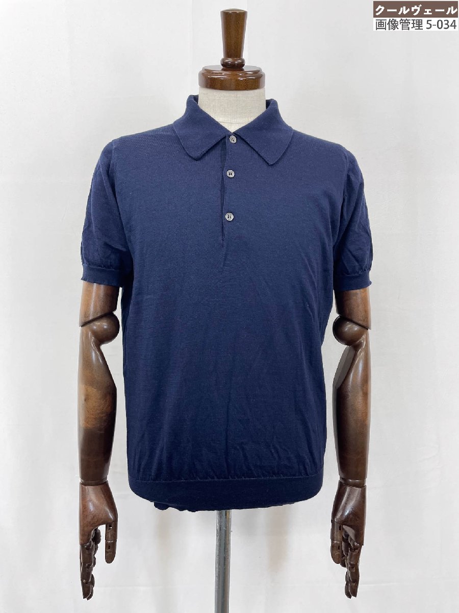 美品【ジョンスメドレー JOHN SMEDLEY】 羊毛×綿織物 半袖編み物スポーツシャツ (メンズ) sizeM 暗めの米国海軍系 連合王国製 ★33MNB0061 【中古】