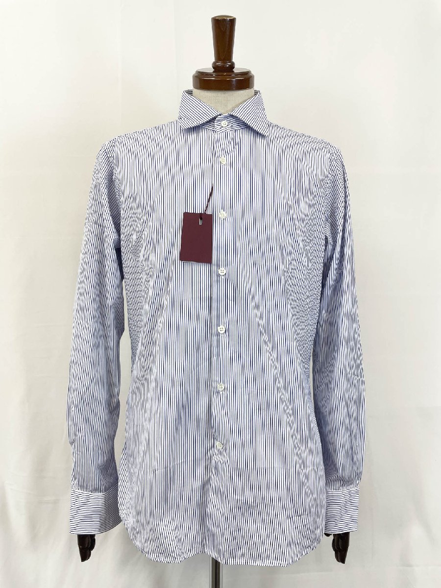 未使用【グランシャツ GLANSHIRT】5XFE00 G6540 821 定価29700円 コットン100％ ストライプ柄 長袖シャツ(メンズ) 38 紺&times;白系★17GRS347★　【中古】｜クール・ヴェール 店