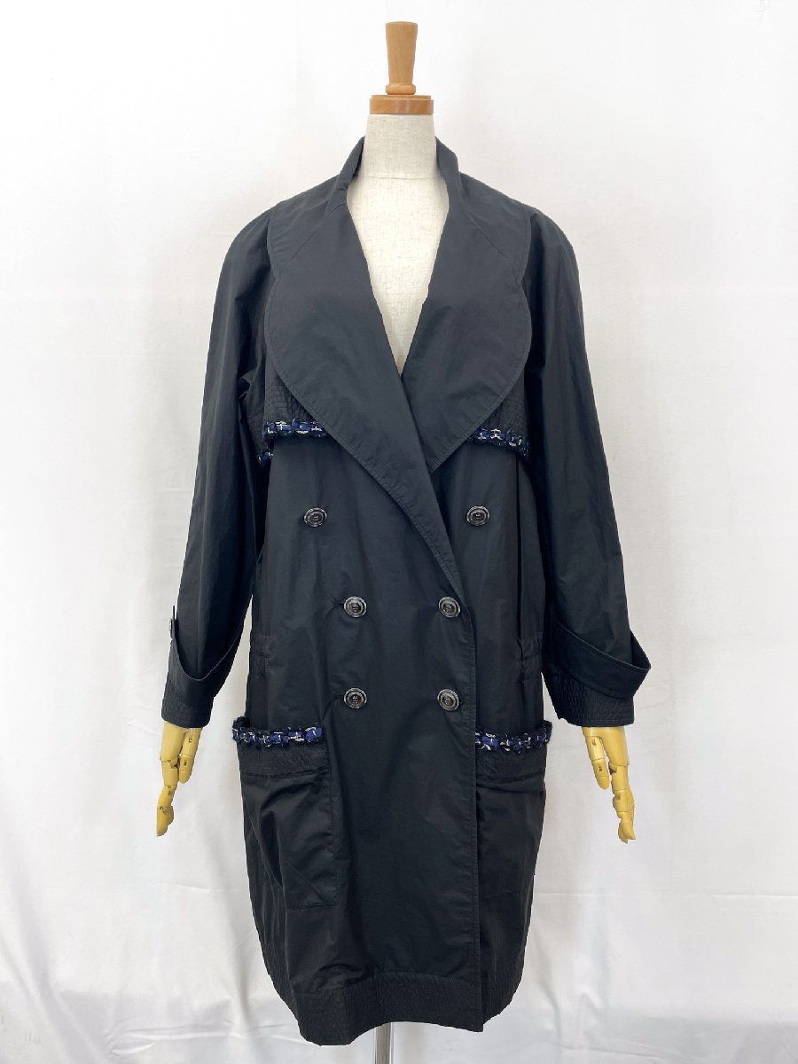 超美品 【シャネル CHANEL】 P48056V35925 ツイードシュロの葉付き添い人 トレンチコート ココマークボタン (レディース) 44 黒いこと ★32HRB0019★【中古】