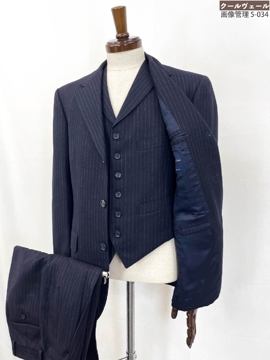 美品【ブルックスブラザーズ】3ボタン ストライプ柄3ピーススーツ カシミア10％混 秋冬生地 (メンズ) 36SHT/30W ネイビー ◎40MSB1078◎【中古】｜クール・ヴェール 店