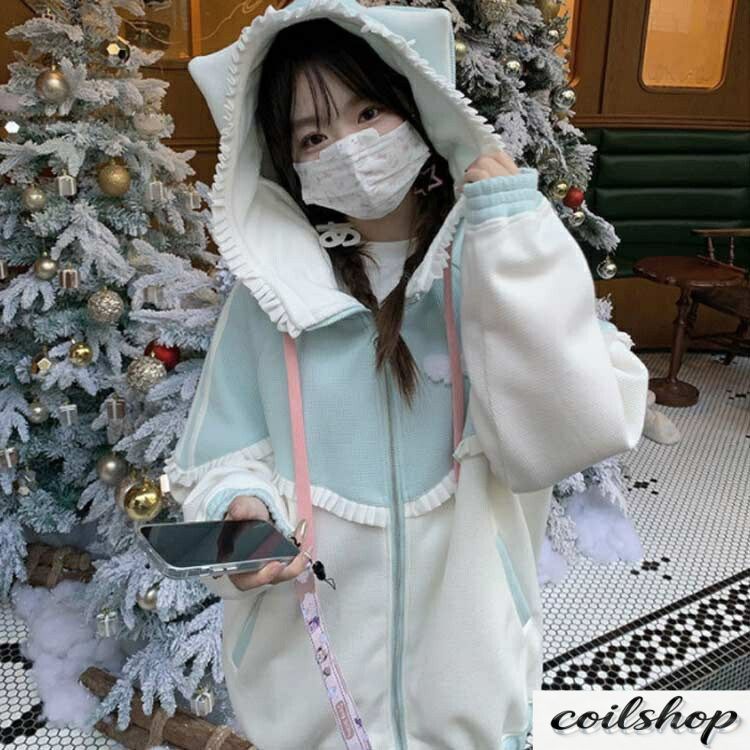 レディース 春 パーカー 仕掛地雷系 厚地の外套 猫耳 服 ジップアップ 冬 秋 今めかしい トップス 汗水 アウター サブカル系