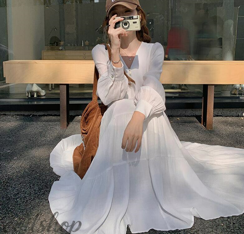 白衣装 無地 ロング衣装  レディース 森御姉さん 好いたらしい 姫様 風ワンピ マキシ丈  学習者 好いたらしい 長袖 年月 森御姉さん 愛くるしげ ゆったり 自然的 綿 透け押しとどめる 透けない