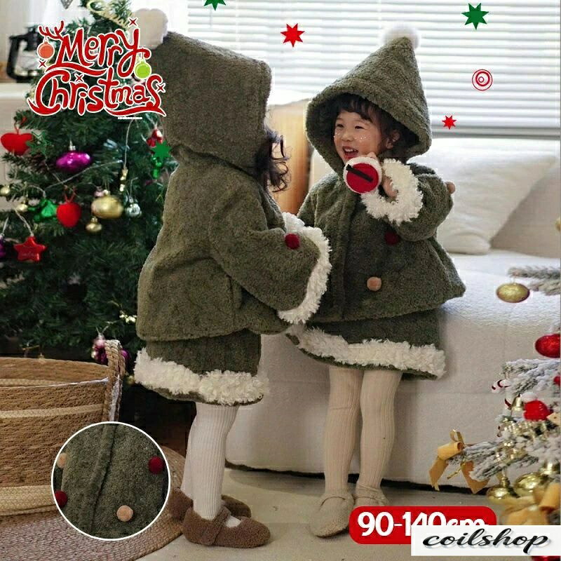 送料無料 キッズ 女の子 冬 コート サンタ　クリスマス　中綿コート　キッズアウター　スカートセット 2点セット アウター ボアコート プレゼント ジャケット　女の子 秋冬 子ども 防寒着 暖かい お出かけ 通園 厚手　可愛い　写真撮影 90 100 110 120 130 140cm