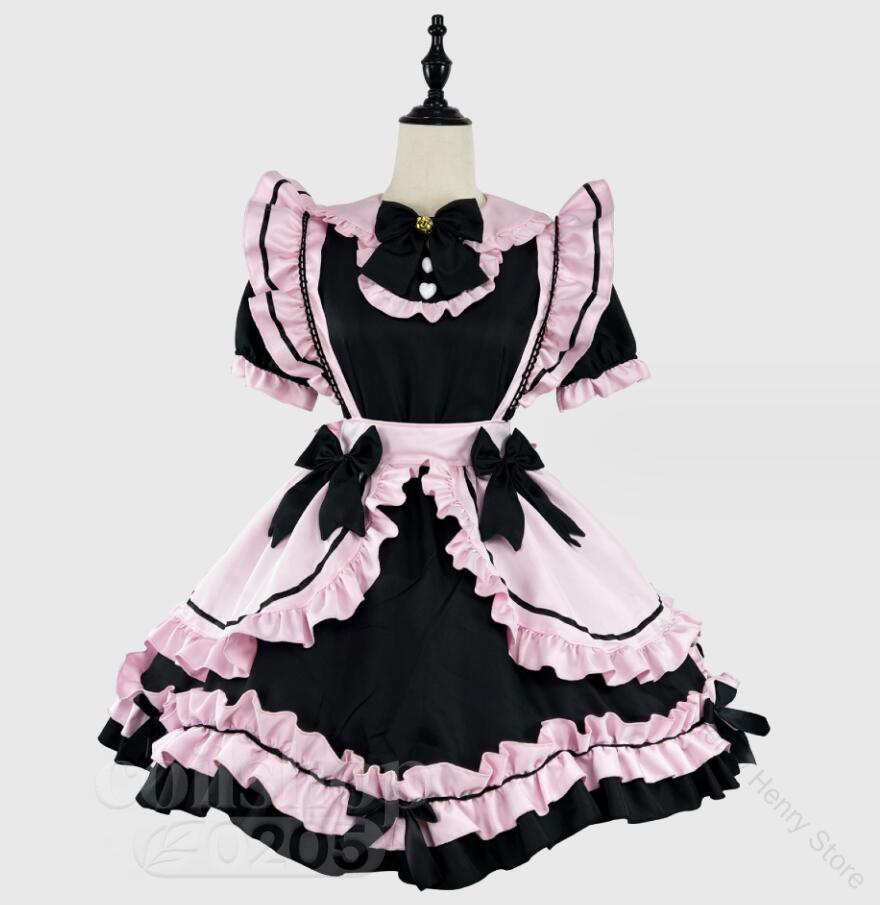 可愛いメイド服 大人用コスチューム 長袖メイド服 フリル付きワンピース+カチューシャセット ハロウィン衣装 メイドコスプレ ウェイトレスコスプレ メイド喫茶萌え舞台衣装 原宿系イベント学園祭キャラクター仮装変装女装ピンク