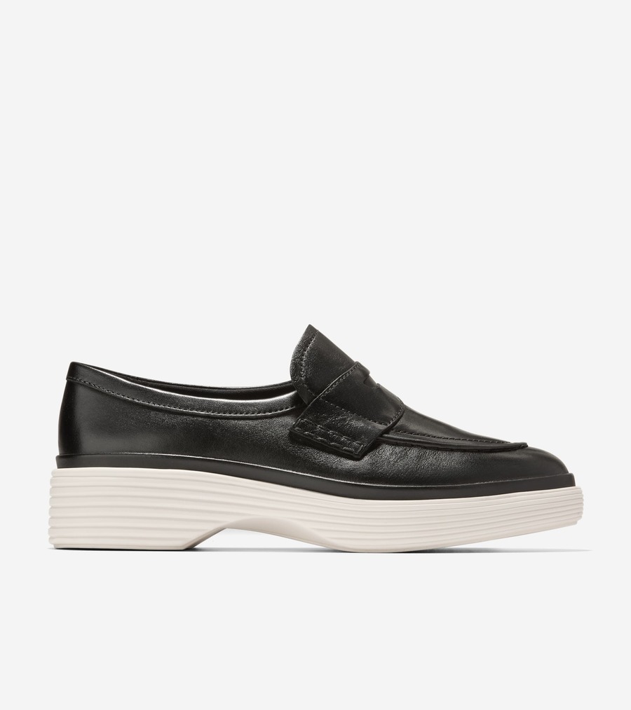 電話を掛けるハーン Colehaan ウイメンズ シューズ 置き目毛革 \u0026 モカシン 一風変わった地びた シティ プラットホーム ペニー 置き目毛革 womens W35111 黒いこと / 象牙色