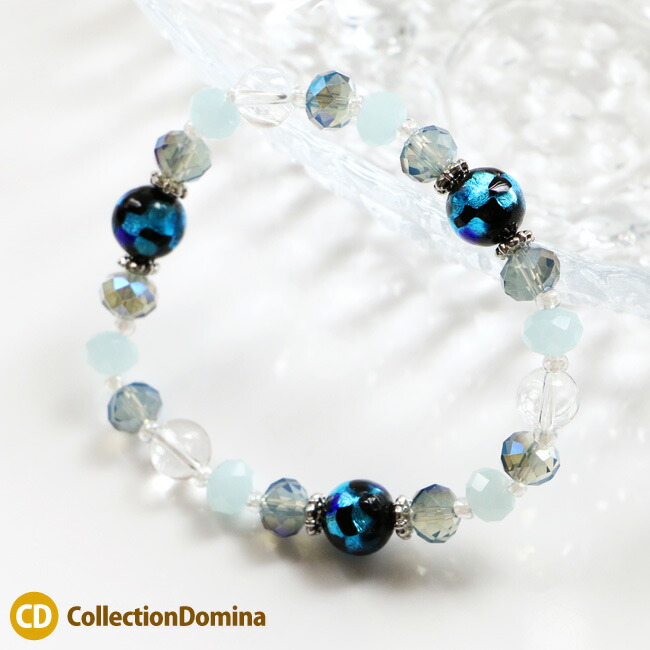 楽天市場 母の日 早割 花以外 クーポン利用で100円off対象 当店オリジナル ブレスレット ゴム ホタルガラス 水晶 天然石 クオーツ ガラスビーズ レディース アクセサリー シルバー ブルー クリア レディース アクセサリー 夏 Collectiondomina