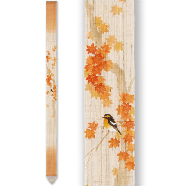 京都洛柿庵 手描き 細タペ 紅葉にキビタキ 秋の飾り 季節雑貨 細タペストリー おうち時間 空間演出 オシャレ上級 細長い 麻素材 かわいい