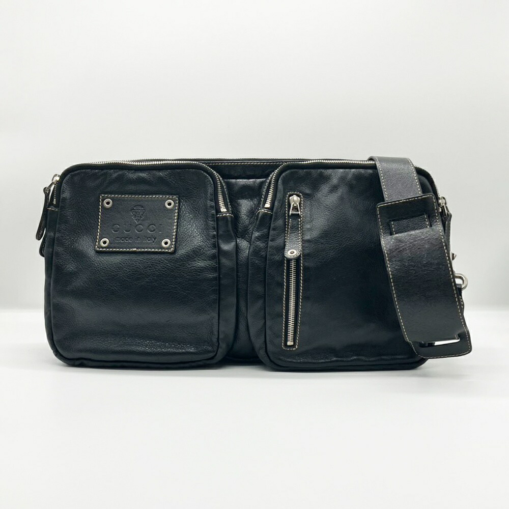 【この上なくお得!!引き換え証あり＆10％OFF】グッチ 御徒面子 ショルダーバッグ 黒いこと 黒 差し交わす上半身 曲がった掛け AB価値づける メンズ なめし革 201842 GUCCI  中古