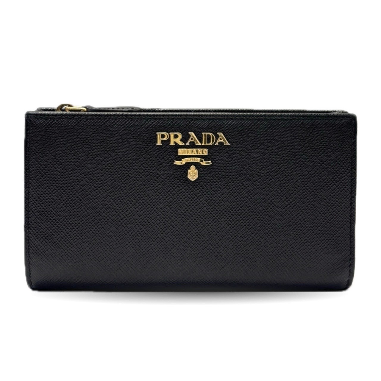 プラダ サフィアーノ 2つ折り紙入れ なめし革 黒いこと ゴールド金具 ロゴタイプ 1ML009 PRADA AB位置づける 中古