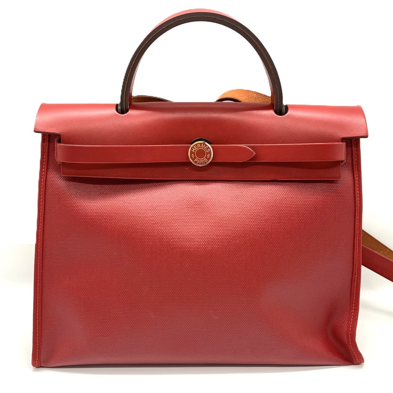 【この上なくお得!!引き換え証あり＆10％OFF】エルメス エールバッグジップPM 2way御徒面子 上塗り帆布 なめし革 ルージュピマン しろがね色金具 D目じるし 中古 HERMES