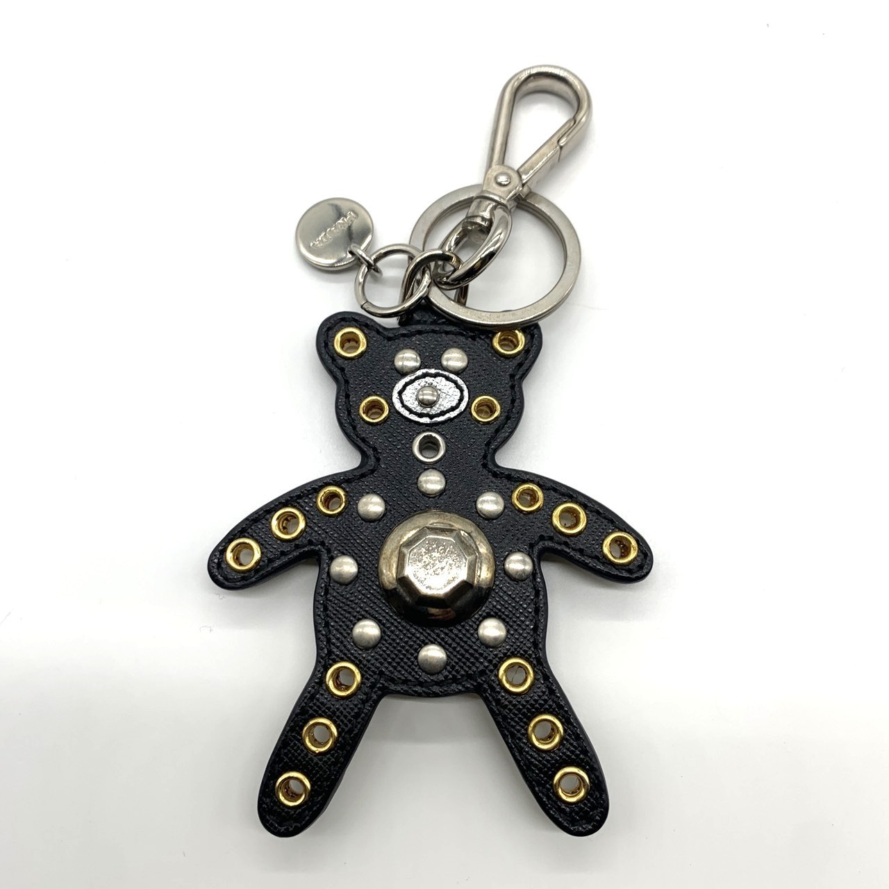 【この上なくお得!!引き換え証あり＆10％OFF】プラダ 熊 キーホルダー  なめし革 スタッズ 御徒面子惹きつける 黒いこと PRADA 中古 AB価値づける
