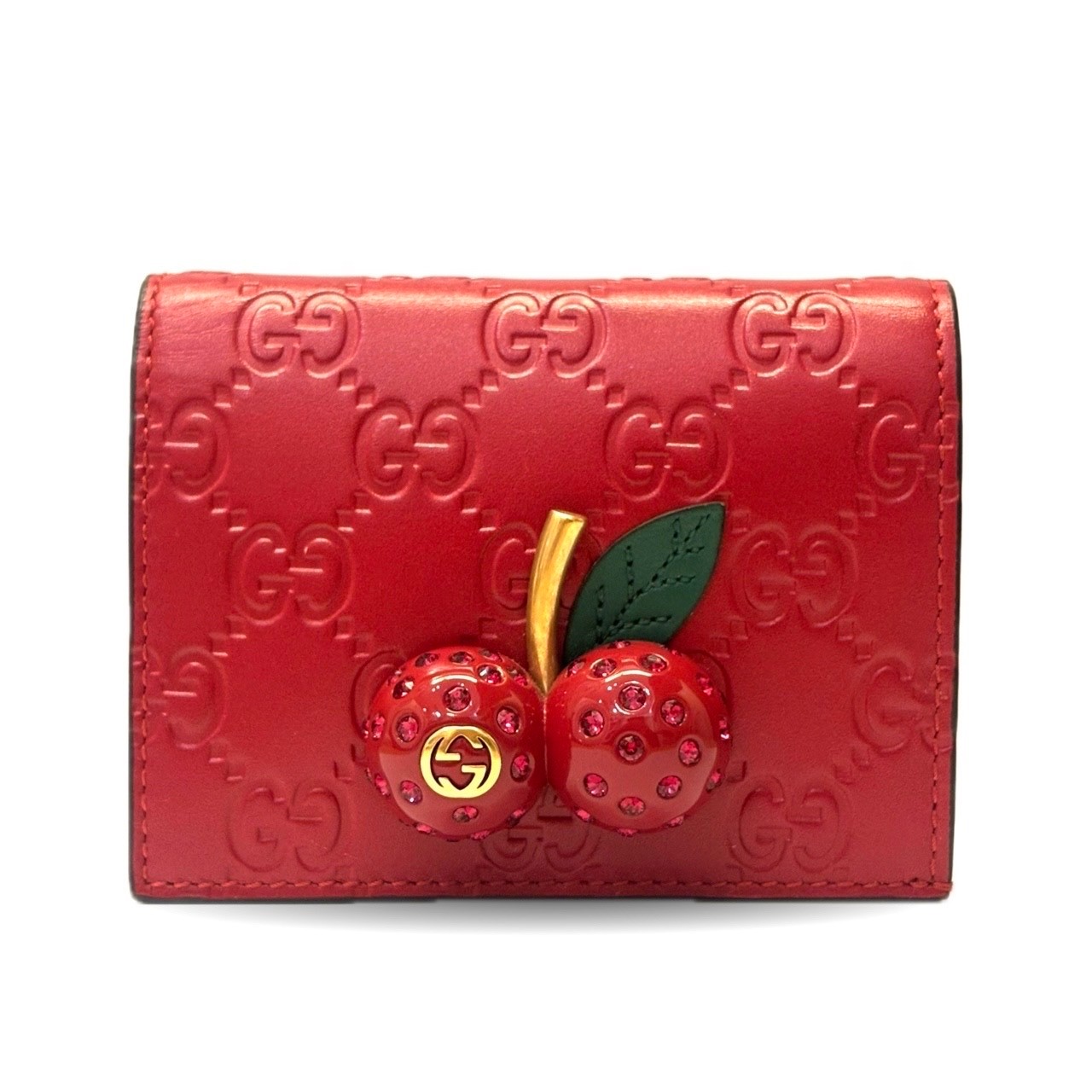 グッチ シマなめし革 桜んぼう 赤いこと  二つ折り紙入れ レディス さくらんぼ 476050 GUCCI A序列付ける 美品 中古