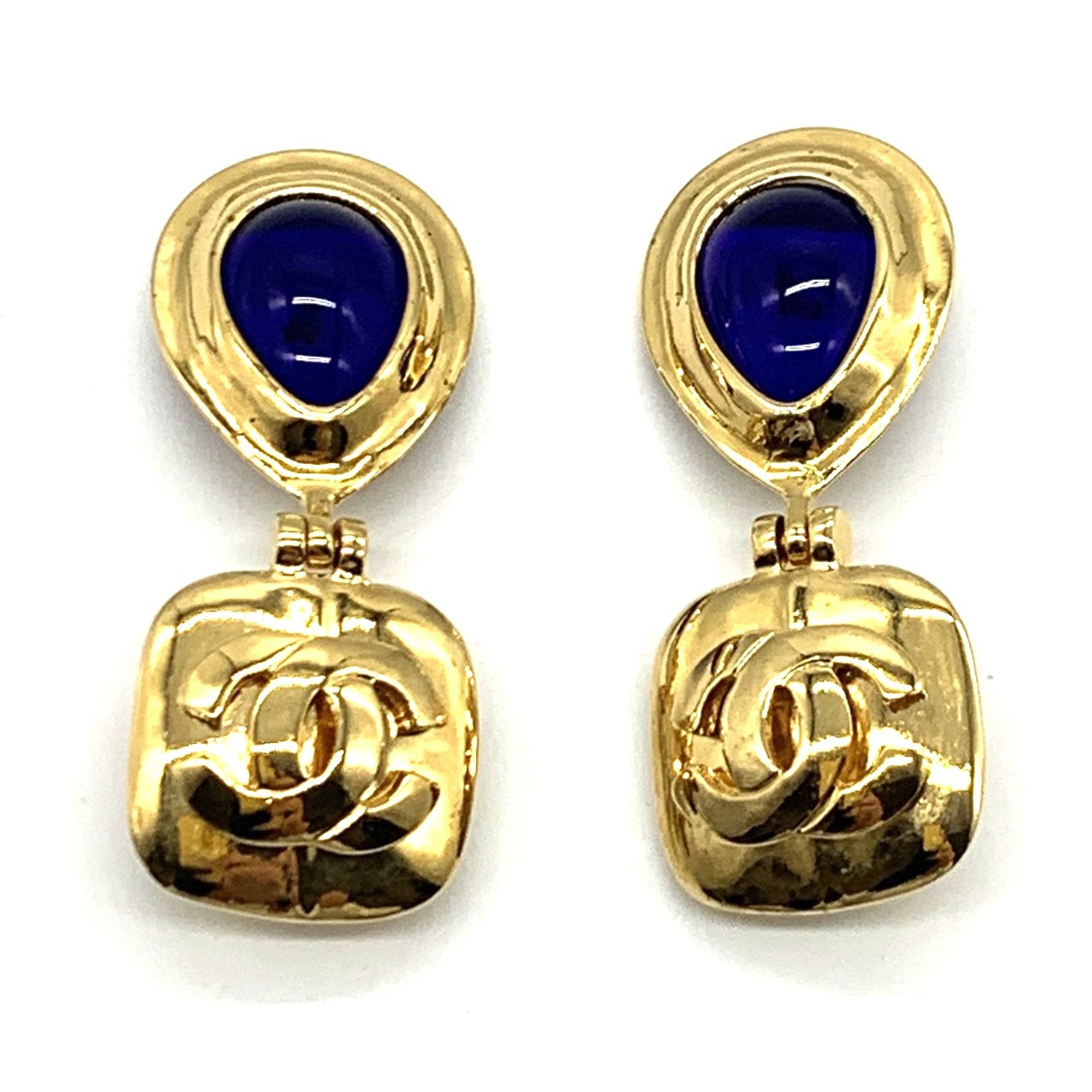 シャネル ヴィンテージ グリポア ティアドロップ ココマーク イヤリング ゴールド×青色 97P CHANEL A価値づける 中古