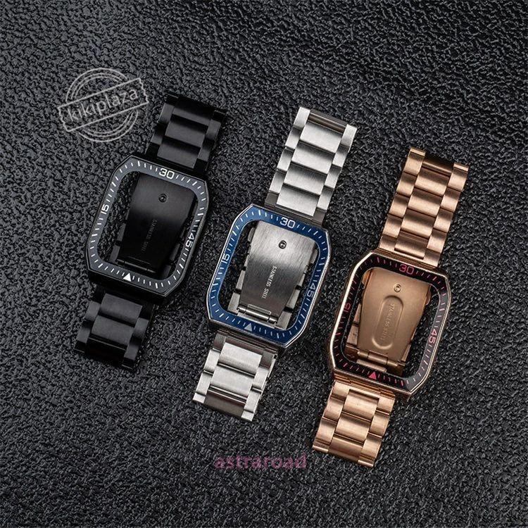 apple watch バンド 本革 保護ケース+バンドセット フレーム保護 ビジネス アップルウォッチバンド シンプル おしゃれ 45mm 44mm ステンレス 長さ調節可 金属｜colorfly