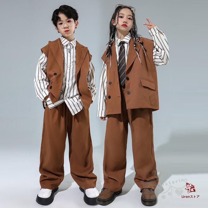 ダンス衣装 ヒップホップ スーツ ジャケット ロングパンツ シャツ キッズ ガールズ ブラウン 男の子 女の子セットアップ 派手 K-POP 韓国 ステージ衣装 応援団