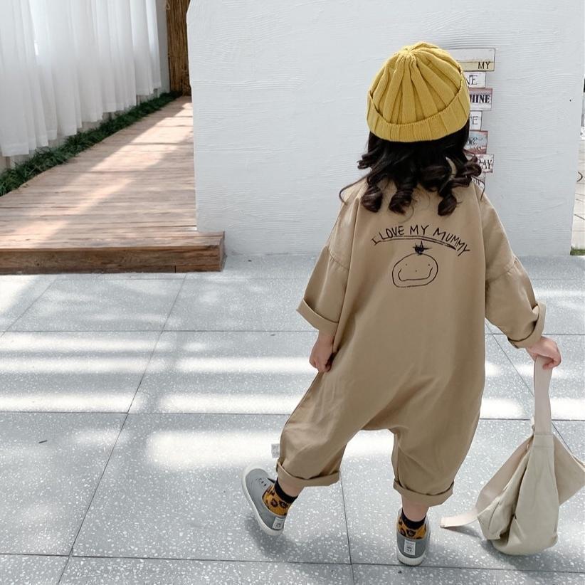 キッズ 子供 ジュニア 秋 サロペット オールインワン オーバーオール かわいい おしゃれ パンツ ベージュ バックプリントオールインワン I011