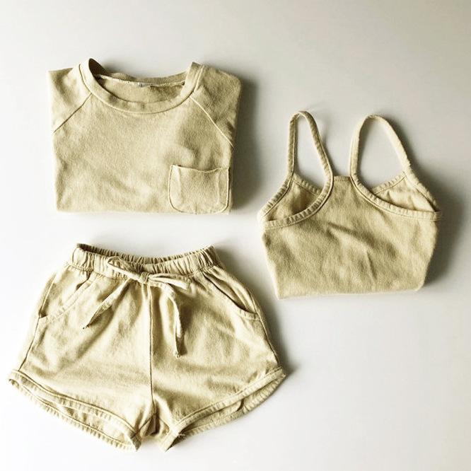 キッズ 女の子 男の子 セットアップ キャミソール ショートパンツ Tシャツ ベーシックセットアップ 3点セット キハダ【SU043】