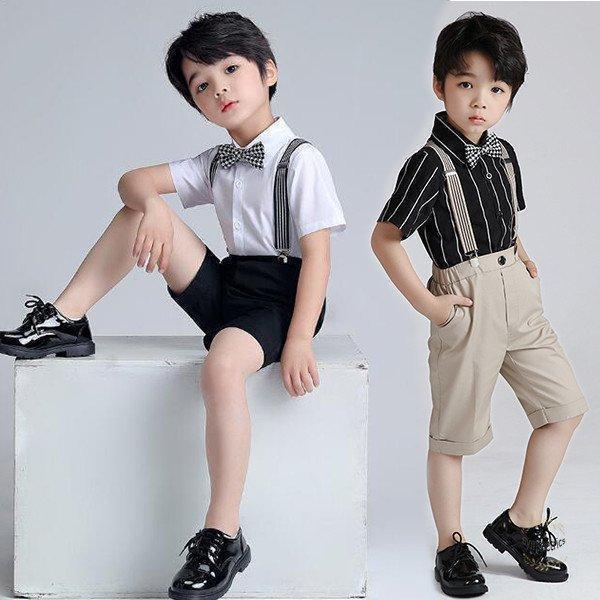 男の子 スーツ フォーマル 4点セット タキシード風 ストライプ 半袖シャツ 夏 子供服 男児 リボン 演出服 結婚式 入学式 卒園式 卒業式 発表会