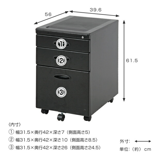 デスクワゴン 高さ61.5cm 3段 オフィスワゴン オールロック キャスター キャスター付き キャビネット サイドチェスト サイドワゴン デスク  デスクチェスト デスク下 ワゴン 収納 大容量 完成品 引き出し 脇机 送料無料 鍵付き トレンド デスク