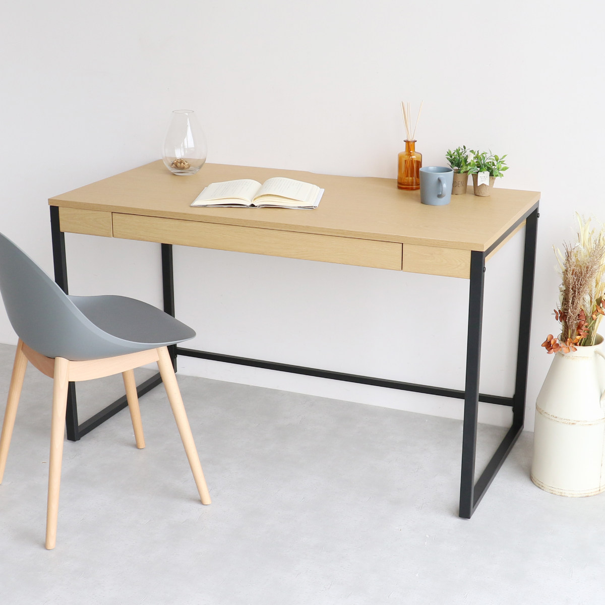 ワークデスク 幅120cm 引出し付 Simple Desk （ デスク 机 シンプル 木目調 パソコンデスク オフィス 収納 スチール 北欧 モダン おしゃれ 異素材 ）【3980円以上送料無料】