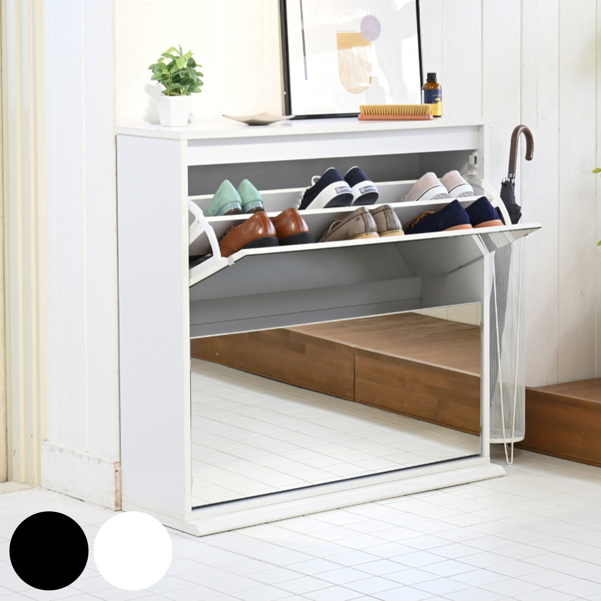 シューズラック 高さ90cm ミラー付き 組立品 （ 下駄箱 スリム 奥行33cm ミラー 玄関 靴 収納 フラップ式 玄関収納 鏡 最大16足収納 棚調節可能 おしゃれ シンプル ） 【3980円以上送料無料】｜お弁当グッズのカラフルボックス