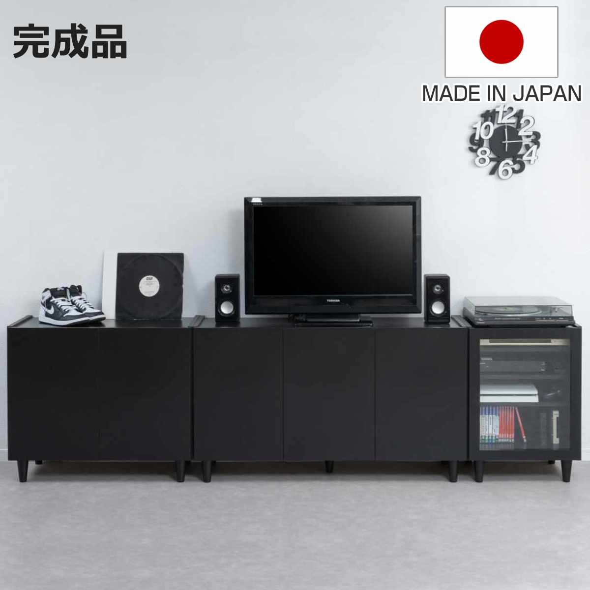 キャビネット ブラック モノトーン 日本製 完成品 （ Shadow 棚 ラック 収納 扉付 可動棚 幅80cm 幅118cm 幅49.5cm リビングボード リビング収納 食器棚 家具 配線穴 シンプル ）【3980円以上送料無料】