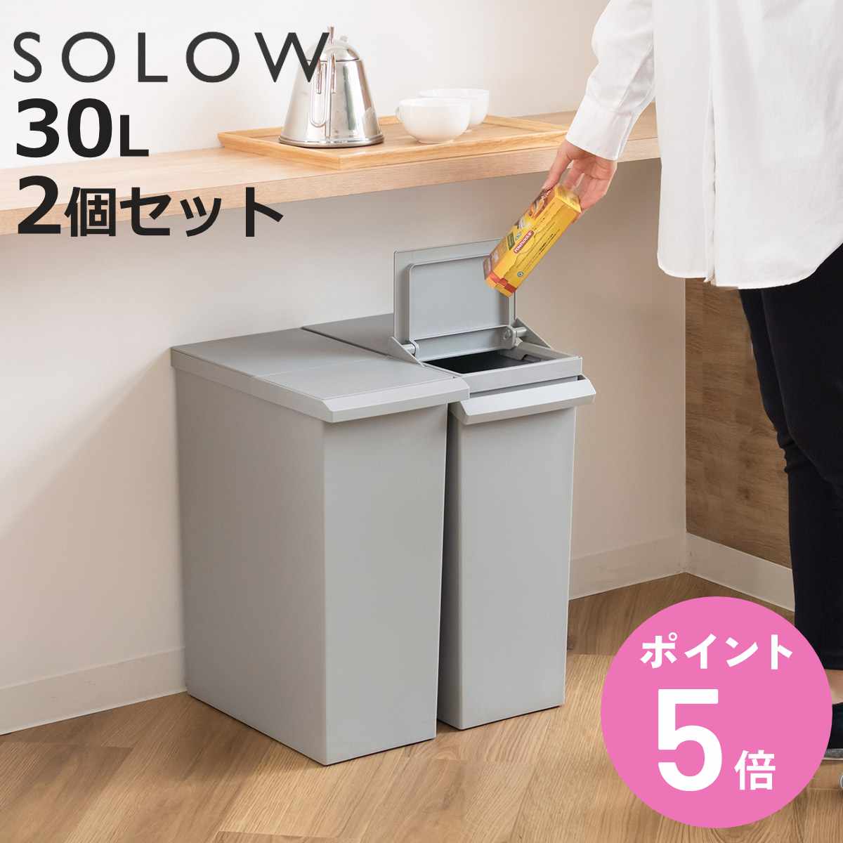 【レビュー特典付き】 SOLOW 棚下で使える スリムダストボックス レバーオープン30L （ ごみ箱 30リットル ソロウ ダストボックス 棚下 OK 分別 ふた付き おしゃれ シンプル スリム フラップオープン キャスター付き 袋 見えない ）【3980円以上送料無料】