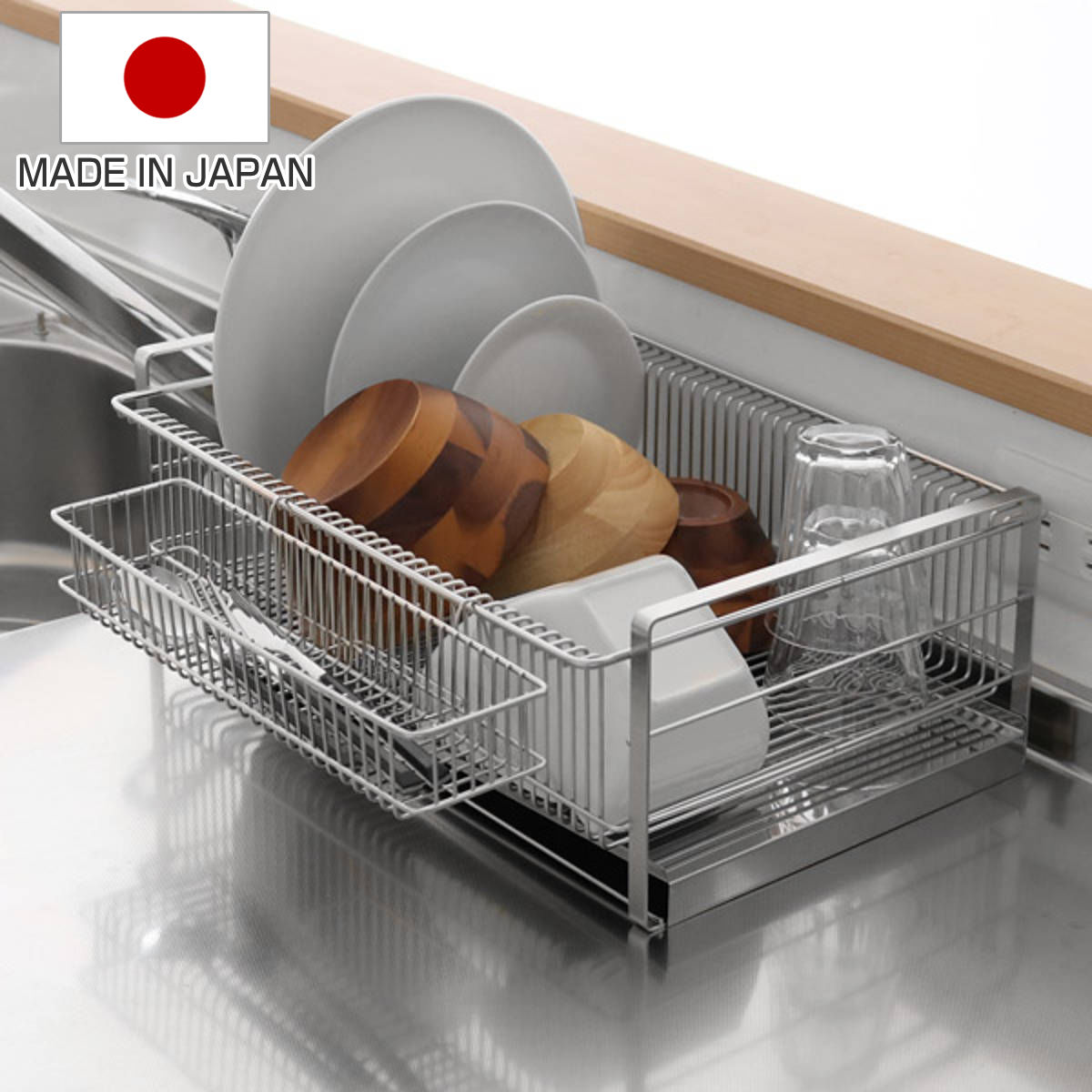水切りラック TSUBAME 水切りラック(箸置き付) 横置き ワイド ステンレス ( 日本製 燕三条 カトラリーポケット付き 水切りかご 水切りカゴ 水きりラック 水切りバスケット ディッシュラック ステンレス製水切りカゴ ) 【3980円以上送料無料】