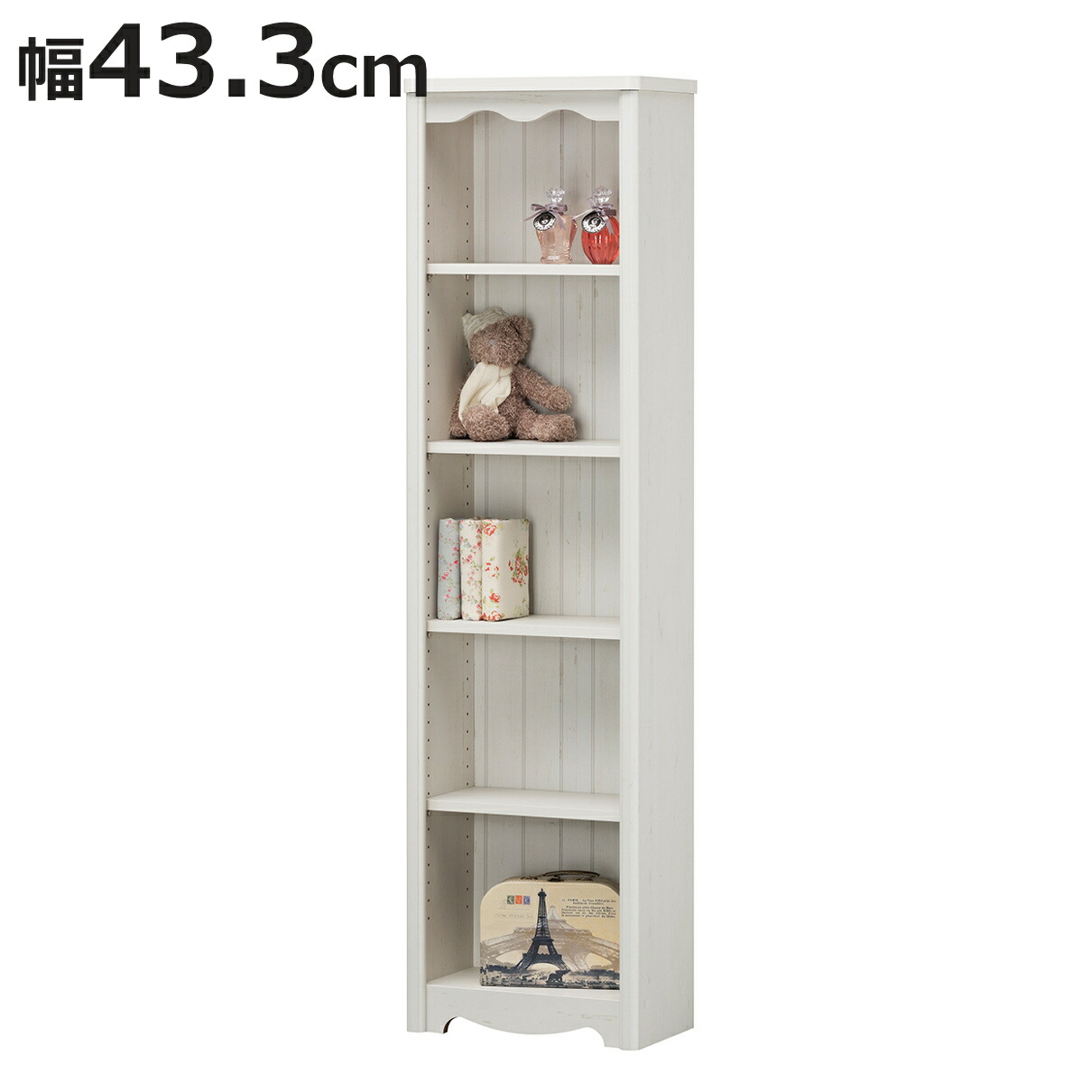 オープンラック 幅43.3cm 5段 モンシェリーヌ 白家具 木製 （ 本棚 ディスプレイ ラック 棚 収納 シャビー調 多目的ラック シェルフ 家具 フレンチカントリー 書棚 ）【3980円以上送料無料】