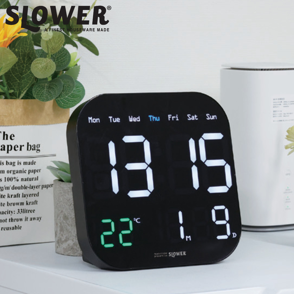 置き時計 LED デジタル時計 カレンダー機能付き 熱中症アラート機能付き 置き掛け兼用 SLOWER ティエラ （ 温度計 カレンダー USB LED時計 置き 掛け 輝度調節 卓上時計 日付 曜日 温度 コンパクト おしゃれ スヌーズ アラーム ）【3980円以上送料無料】