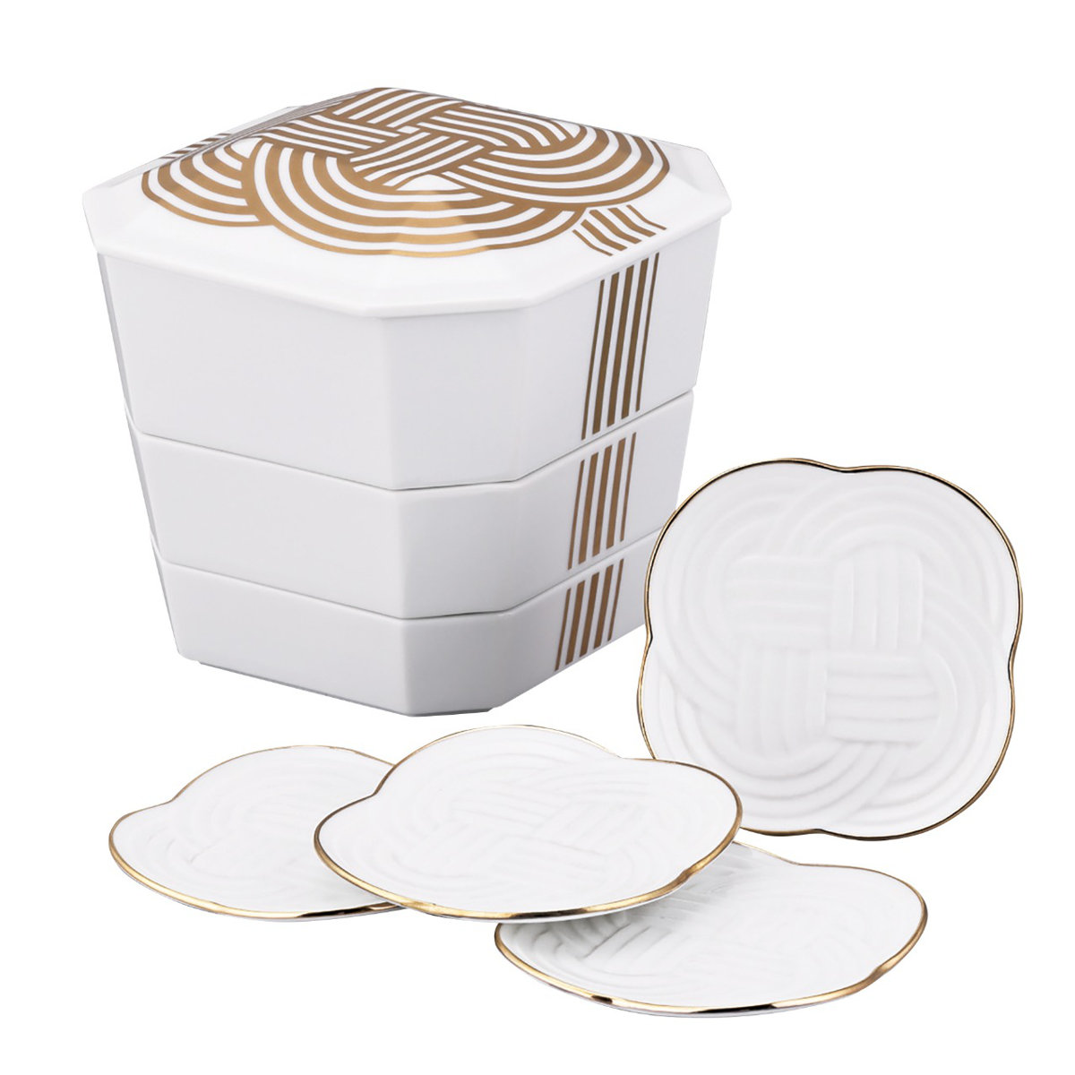皿 結 重箱小皿揃 金結び （ 磁器 日本製 お重 3段 皿付き 高級感 上品 和風 和モダン モダン ）【3980円以上送料無料】